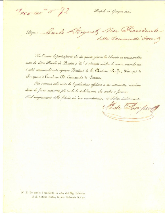 1831 Regno DUE SICILIE NAPOLI Scioglimento ditta Nicola DE POMPEO *AUTOGRAFO