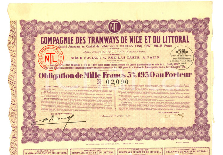 1930 PARIS Azioni COMPAGNIE DES TRAMWAYS DE NICE ET DU LITTORAL