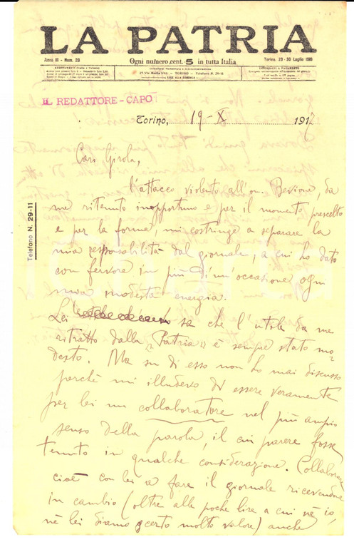 1917 TORINO Giornale LA PATRIA Dimissioni redattore capo pro Giuseppe BEVIONE