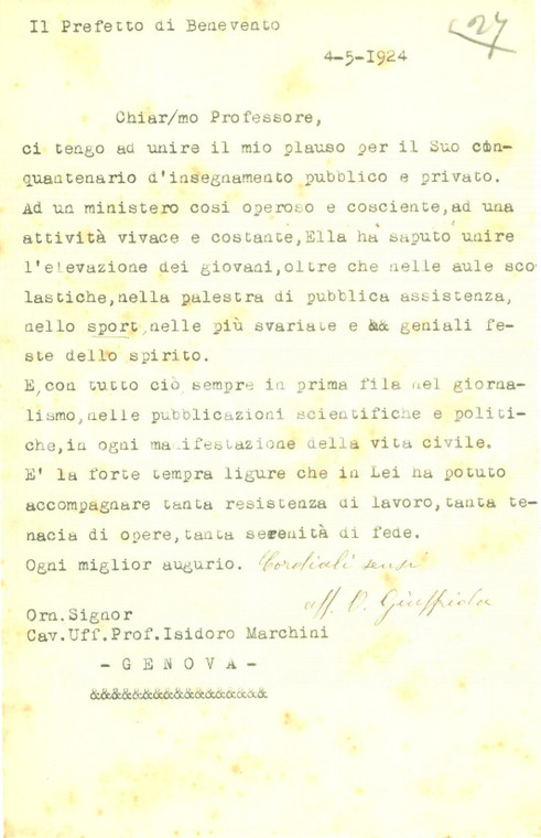 1924 BENEVENTO Prefetto Orazio GIUFFRIDA elogia Isidoro MARCHINI *AUTOGRAFO