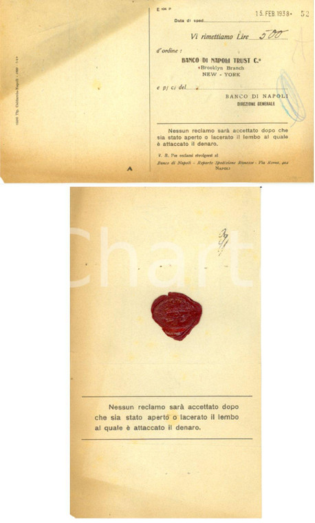 1938 NEW YORK Banco di NAPOLI Fascetta per 500 lire con sigillo ceralacca rossa