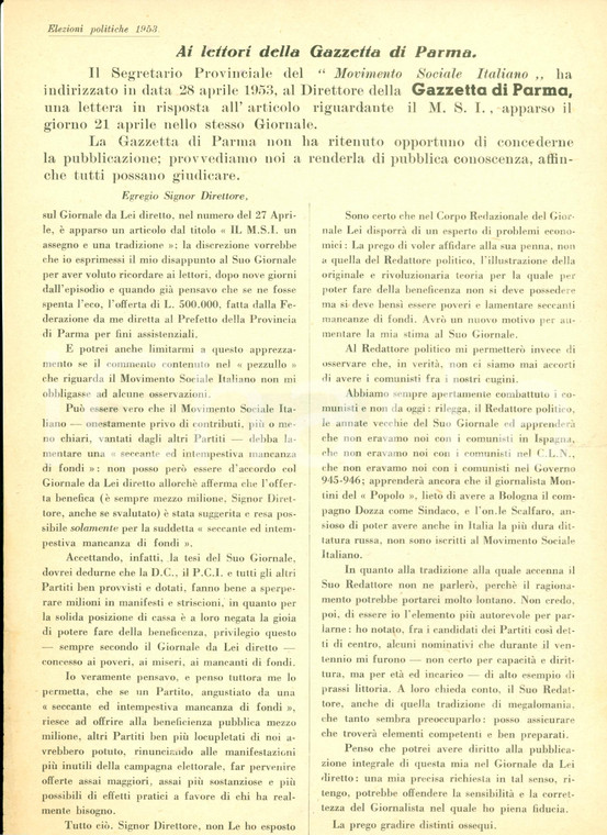 1953 PARMA PROPAGANDA POLITICA PCI Nessun comunista nel MSI *Volantino