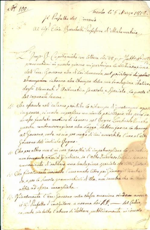 1818 TRENTO Licenza a don Elia BARCHETTI per traduzione opera matematica