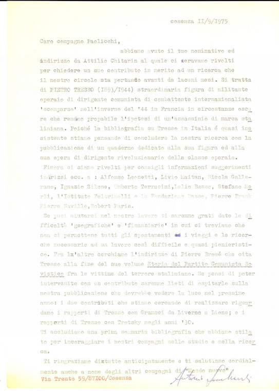 1975 COSENZA MONDO NUOVO Antonio LOMBARDI chiede aiuto a Silvio PAOLICCHI