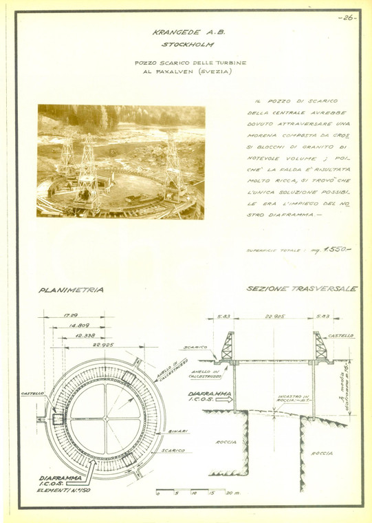 1950 ca STOCCOLMA Pozzo scarico turbine FAXALVEN Azienda ICOS Scheda con foto