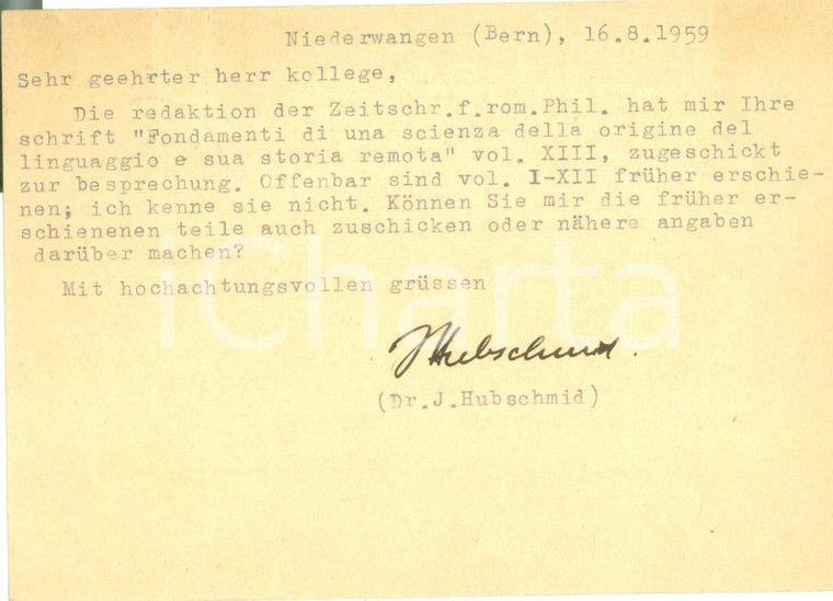 1959 BERN NIEDERWANGEN (SWITZERLAND) Johannes HUBSCHMID chiede notizie su opera