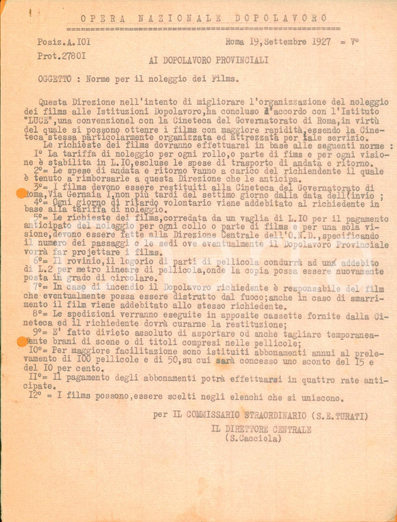 1927 ROMA Norme per il noleggio dei film all'Opera Nazionale Dopolavoro