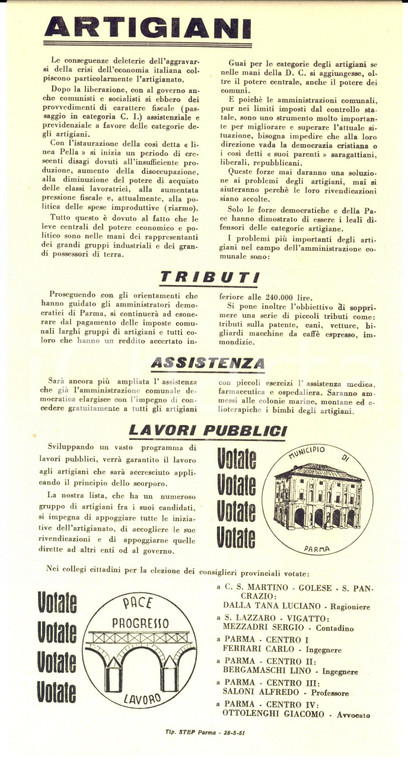 1951 PARMA Elezioni comunali - Lista CITTA' DI PARMA - Appello agli artigiani 
