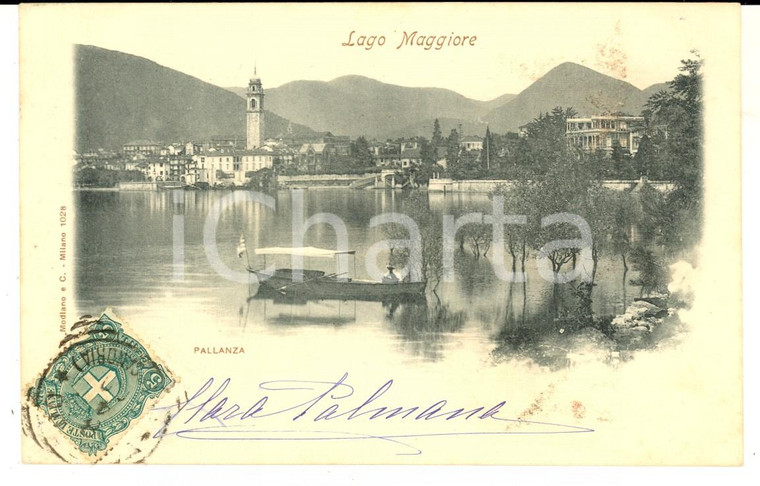 1900 ca VERBANIA PALLANZA Veduta del Lago Maggiore *Cartolina ANIMATA barca FP 