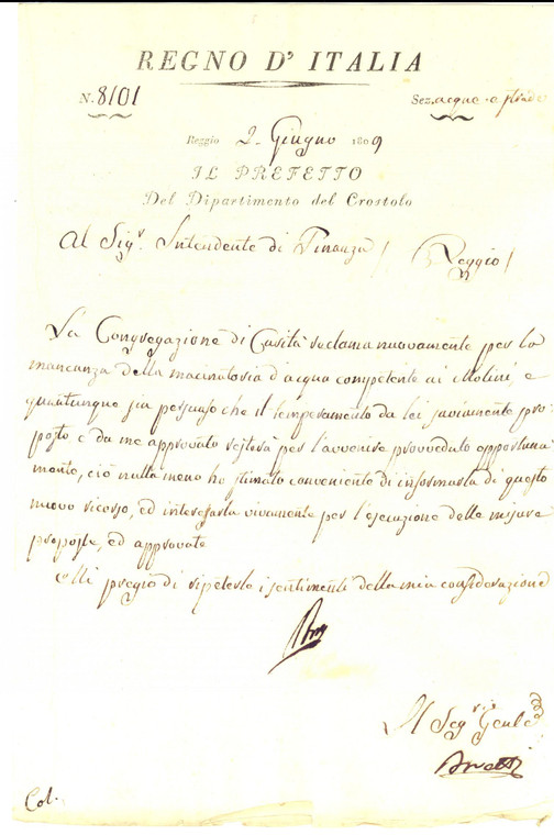 1809 Dipartimento del CROSTOLO REGGIO EMILIA Mancanza della macinatoria d'acqua