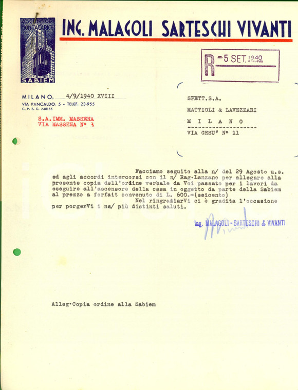1940 MILANO Ing. MALAGOLI SARTESCHI VIVANTI Ascensori SABIEM Lettera commerciale