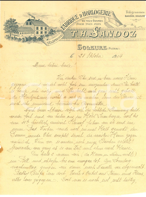 1904 SOLEURE (CH) Lettera familiare su carta intestata SANDOZ Orologeria