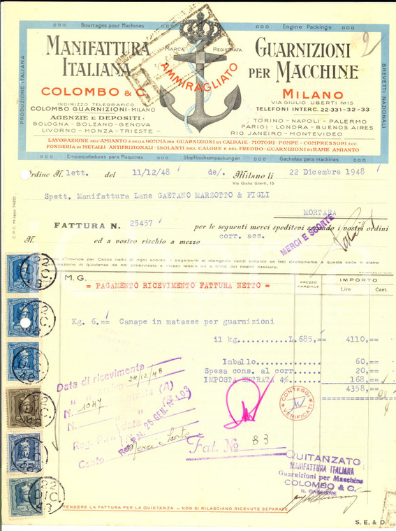 1948 MILANO Manifattura COLOMBO Guarnizioni per macchine *Fattura per canape