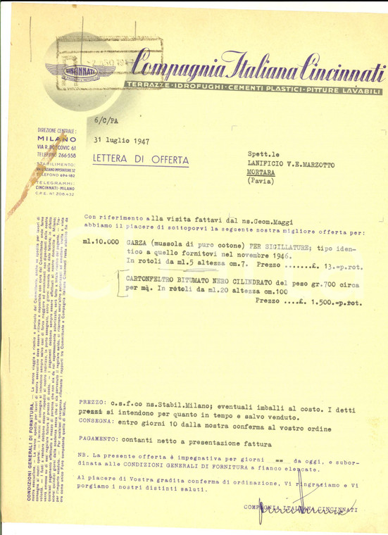 1947 MILANO Compagnia Italiana CINCINNATI - Lettera commerciale per cartonfeltro