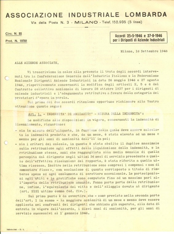 1946 MILANO Associazione Industriale Lombarda - Lettera contratto collettivo