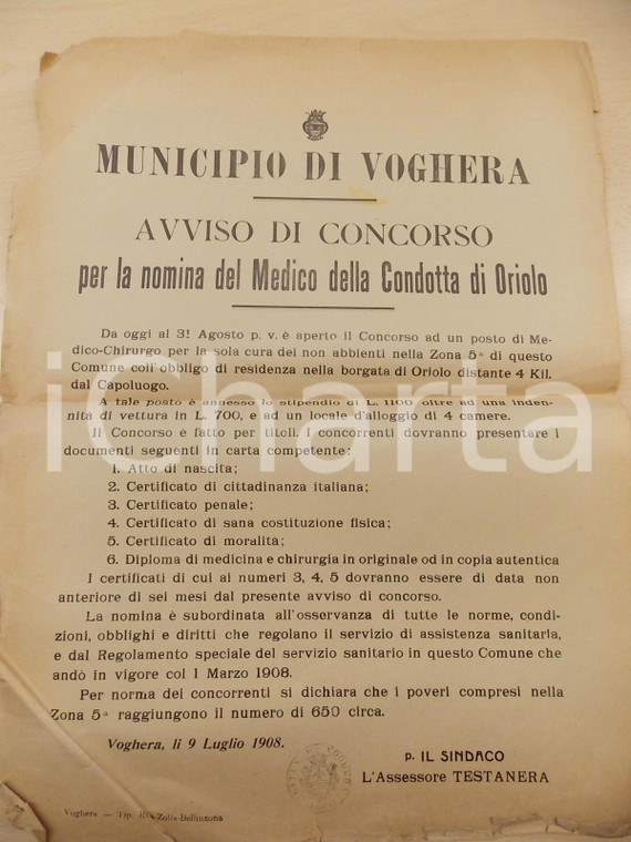 1908 VOGHERA Concorso medico condotta di ORIOLO *Manifesto 32x44 DANNEGGIATO