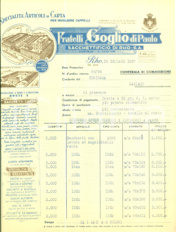 1957 RHO (MI) Fratelli GOGLIO di Paolo Sacchettificio articoli di carta *Fattura