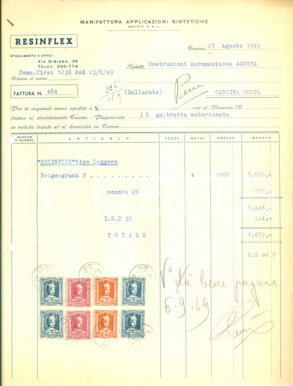 1949 TORINO Manifattura applicazioni sintetiche RESINFLEX *Fattura