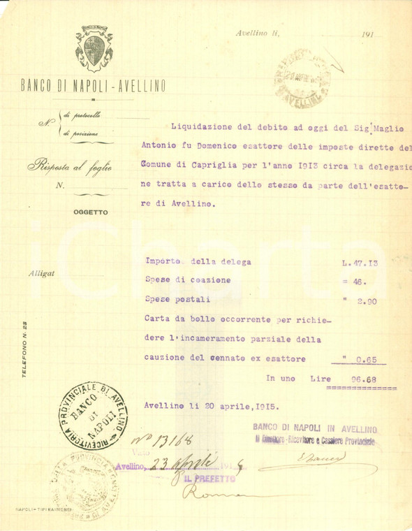 1915 CAPRIGLIA IRPINA (AV) Banco di NAPOLI liquida debito di Antonio MAGLIO