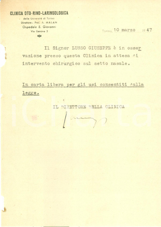 1947 TORINO Clinica Otorino-Laringologica Direttore Arnaldo MALAN *Autografo