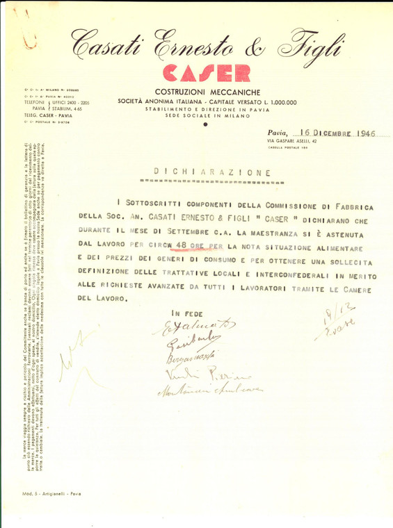 1946 PAVIA Ernesto CASATI & Figli CASER su astensione delle maestranze