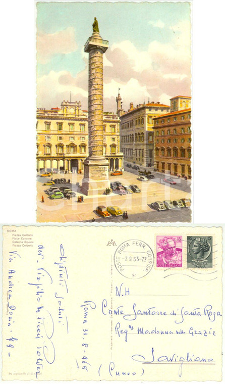 1965 ROMA Piazza Colonna *Cartolina autografa Virgilio DE PICEIS POLVER FG
