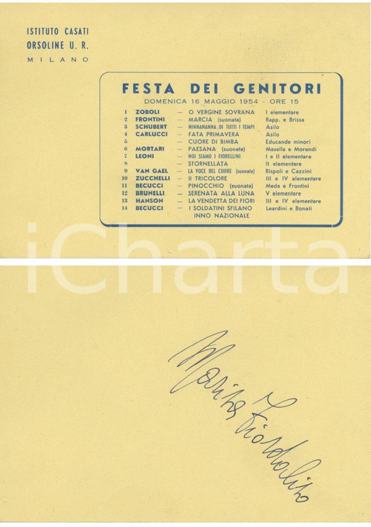 1954 MILANO Istituto CASATI Festa dei genitori *Autografo Marisa FIORDALISO