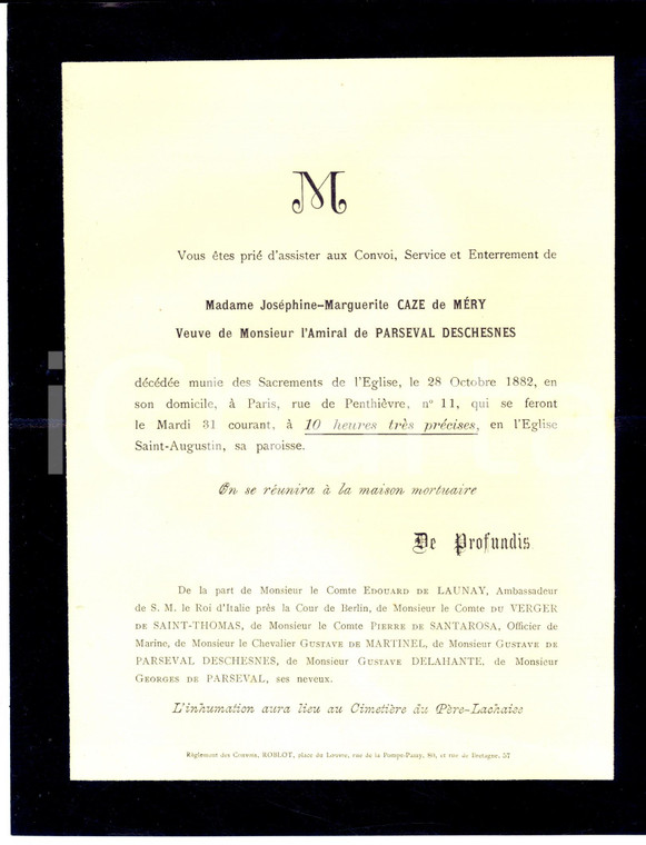 1882 PARIS Invito funerali Joséphine-Marguerite de CAZE de MERY *Manifestino