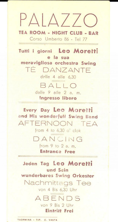 1940 ca TAORMINA (ME) Night Club PALAZZO - Leo MORETTI Swing Band *Pubblicitario