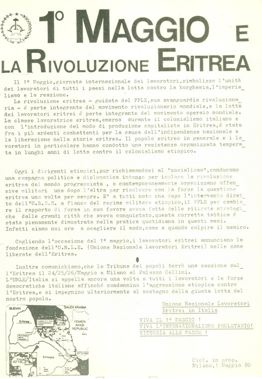 1980 MILANO 1° Maggio e la Rivoluzione Eritrea *Volantino ciclostilato