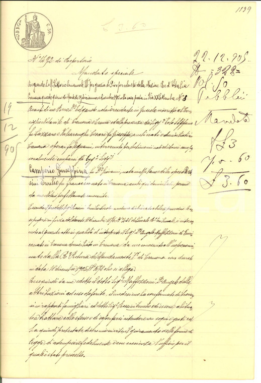 .1905 CREMONA  Procura speciale Giuseppina CAMPERIO a Piero BERSANI *Manoscritto. 