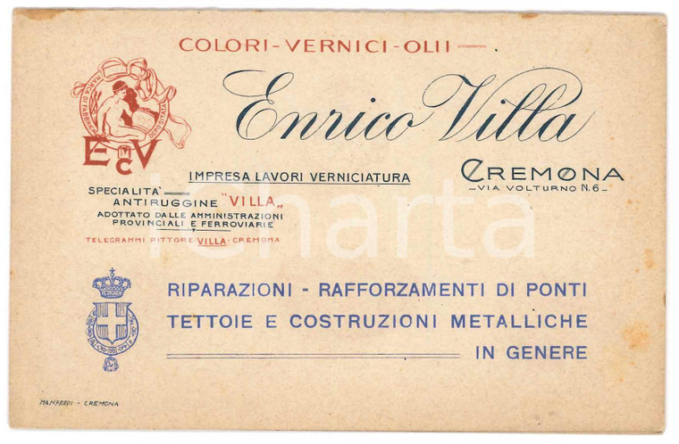 1910 ca CREMONA Ditta Enrico VILLA vernici - Biglietto con campioni tinte