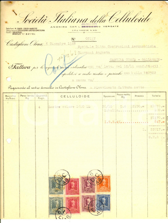 1948 CASTIGLIONE OLONA Società Italiana della Celluloide *Fattura con bolli