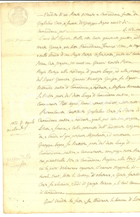 1844 CAMANDONA (BI) Giuseppe CROSO vende prato a Giuseppe LOGORO *Manoscritto