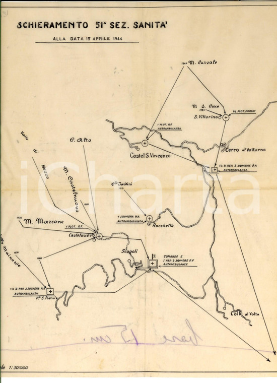 15 Aprile 1944 WW2 Schieramento 51^ Sezione SANITA' a CASTEL SAN VINCENZO *Mappa