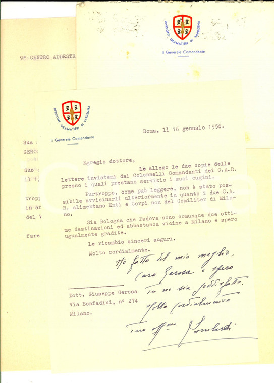 1956 ROMA GRANATIERI DI SARDEGNA Gen. Luigi LOMBARDI non aiuta raccomandati