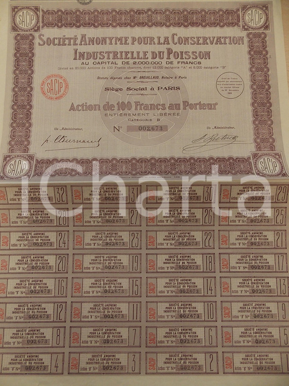 1930 ca PARIS Société Anonyme Conservation Industrielle du Poisson *Action (2)
