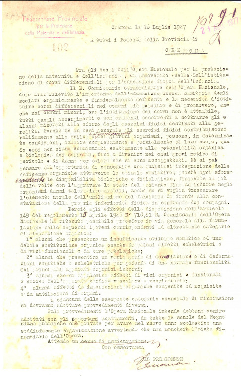 1927 CREMONA Esenzione alunni minorati dall'educazione fisica *Lettera