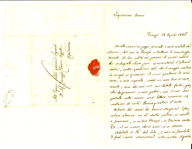 1836 FAENZA (RA) Giacomo BERARDI e la lettera d'amore scoperta dal padre