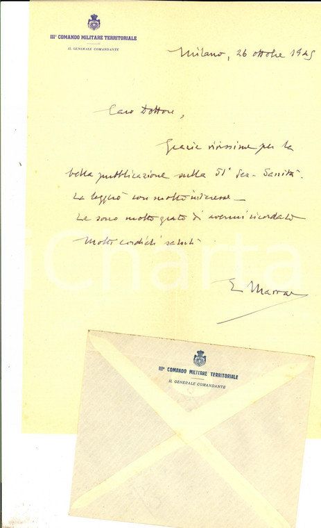 1945 MILANO Comando Militare Territoriale - Lettera gen. Efisio MARRAS Autografo