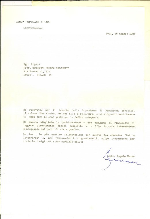 1985 BANCA POPOLARE DI LODI Lettera Angelo MAZZA per libro omaggio *Autografo
