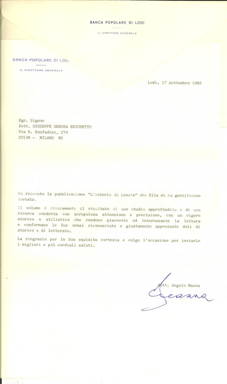 1982 BANCA POPOLARE DI LODI Lettera Angelo MAZZA per libro omaggio *Autografo