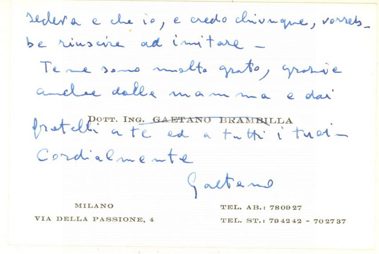 1970 ca MILANO Biglietto da visita ing. Gaetano BRAMBILLA *Autografo