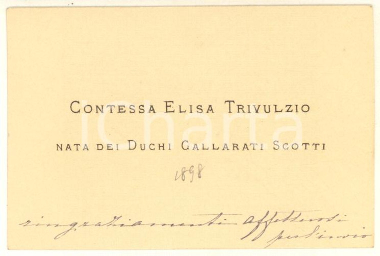 1898 MILANO Biglietto da visita Elisa TRIVULZIO GALLARATI SCOTTI *Autografo