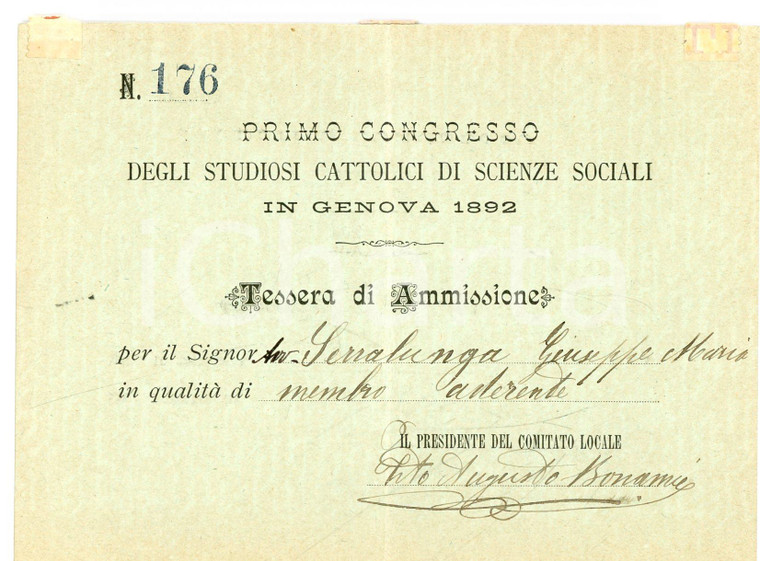 1892 GENOVA Congresso Studiosi Cattolici Scienze Sociali - Tessera di ammissione