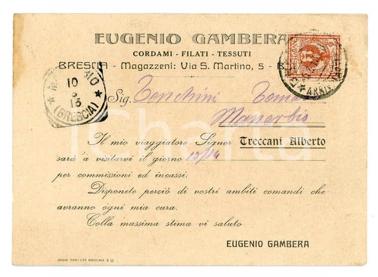 1913 BRESCIA Ditta Eugenio GAMBERA Cordami, filati, tessuti *Cartolina FG