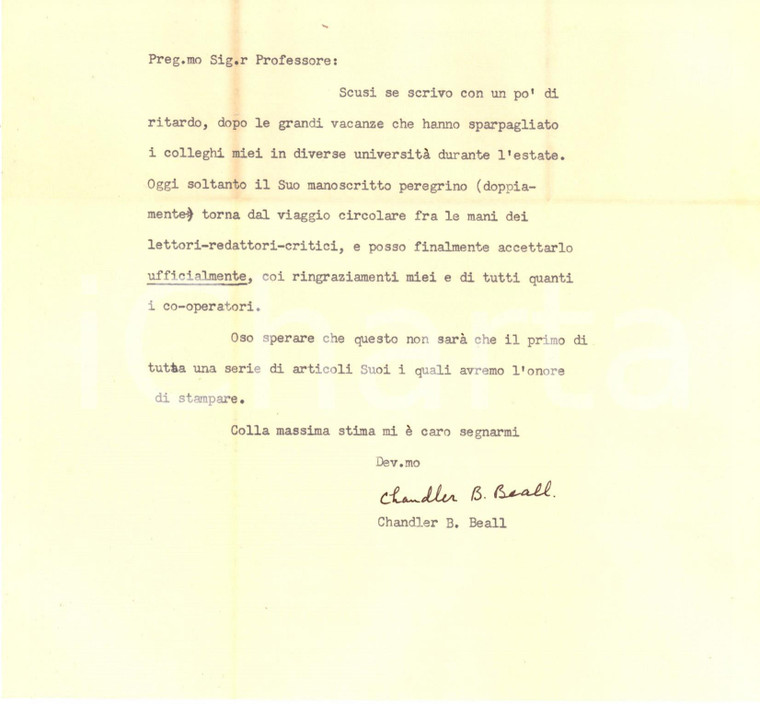 1948 University of OREGON Chandler B. BEALL ringrazia per un articolo *Autografo