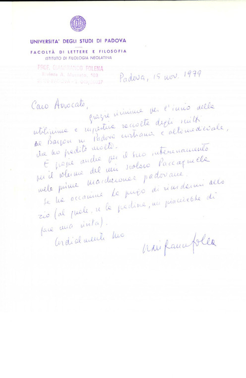 1979 PADOVA Gianfranco FOLENA ringrazia per un volume ricevuto *Autografo