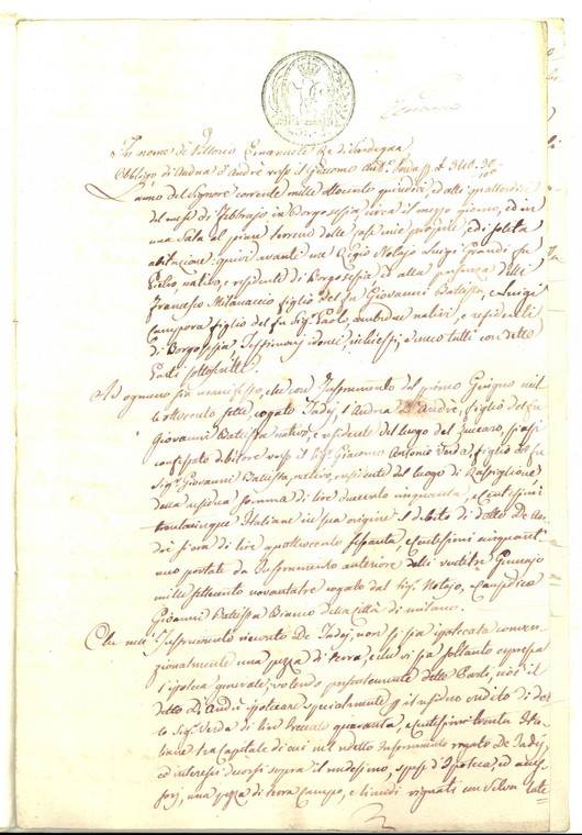 1815 BORGOSESIA Obbligo Andrea D'ANDRE' verso Giacomo Antonio VERDA *Manoscritto