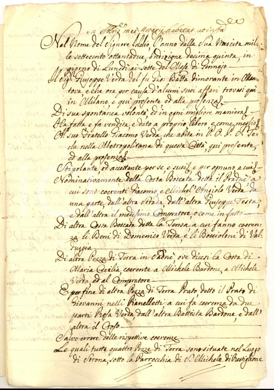 1782 STRONA/ RASTIGLIONE Giuseppe VERDA vende bosco PRADNE' al fratello 